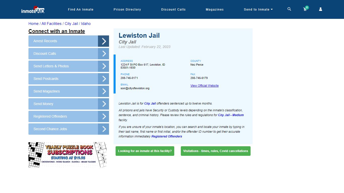 Lewiston Jail | Inmate Locator
